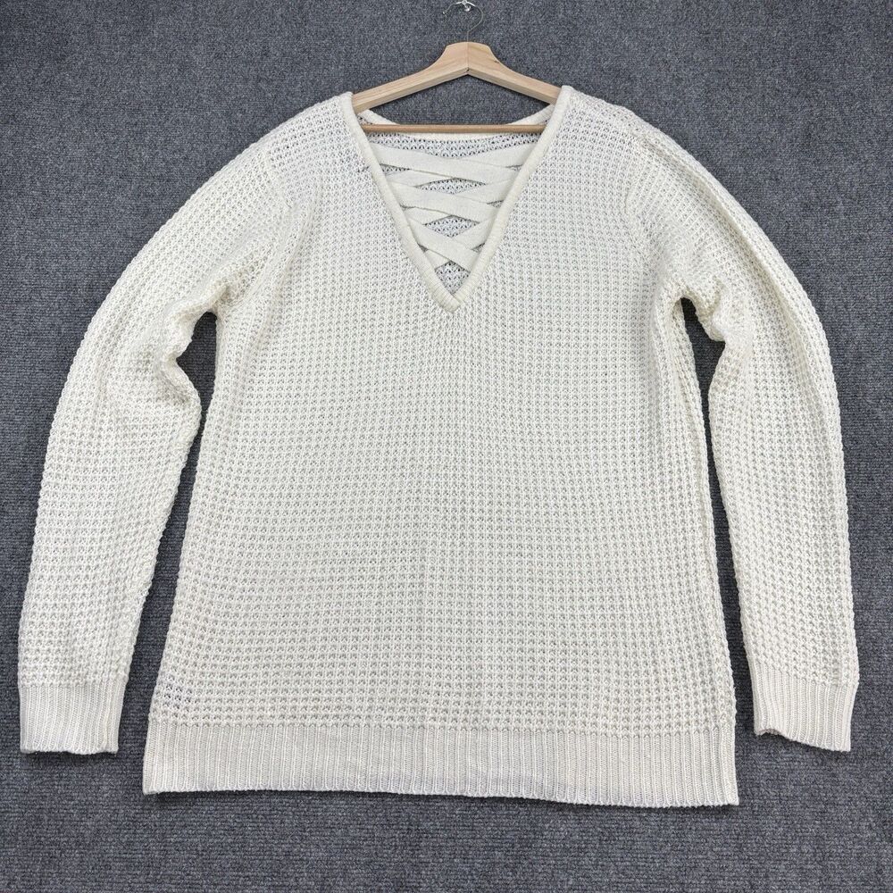 Ambiance Apparel Women's 3X Ivory Open Knit Sweater V-Neck Crisscross Pullover